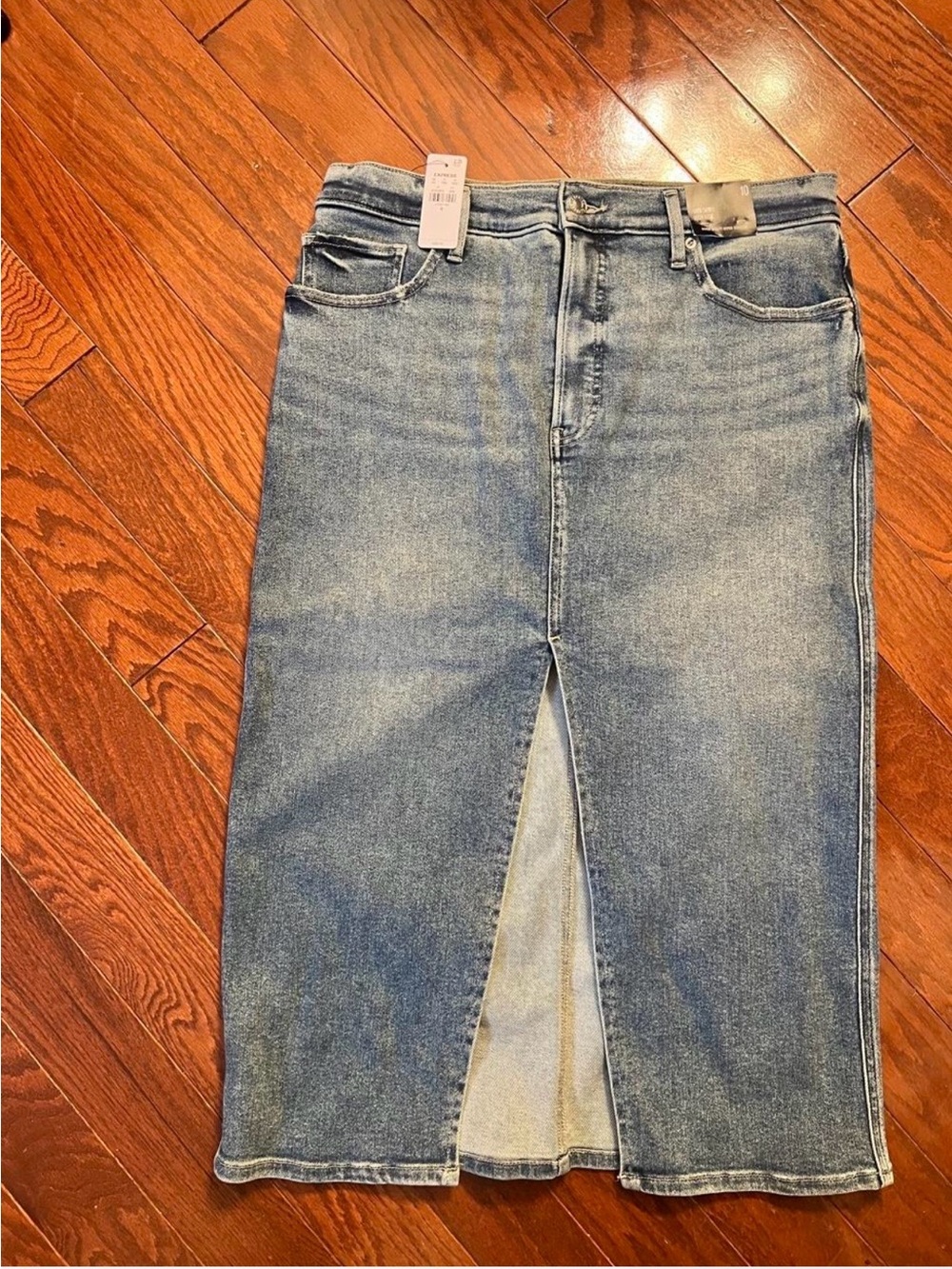 Express Light Blue Denim Midi Skirt with Front Slit